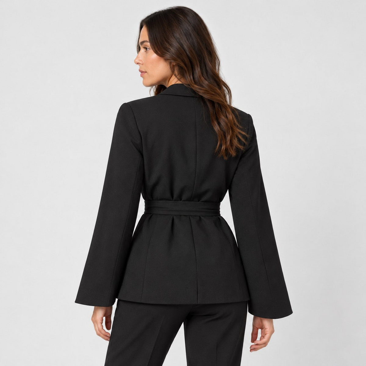 Women's tie-belt blazer in Black | Downderry – back view