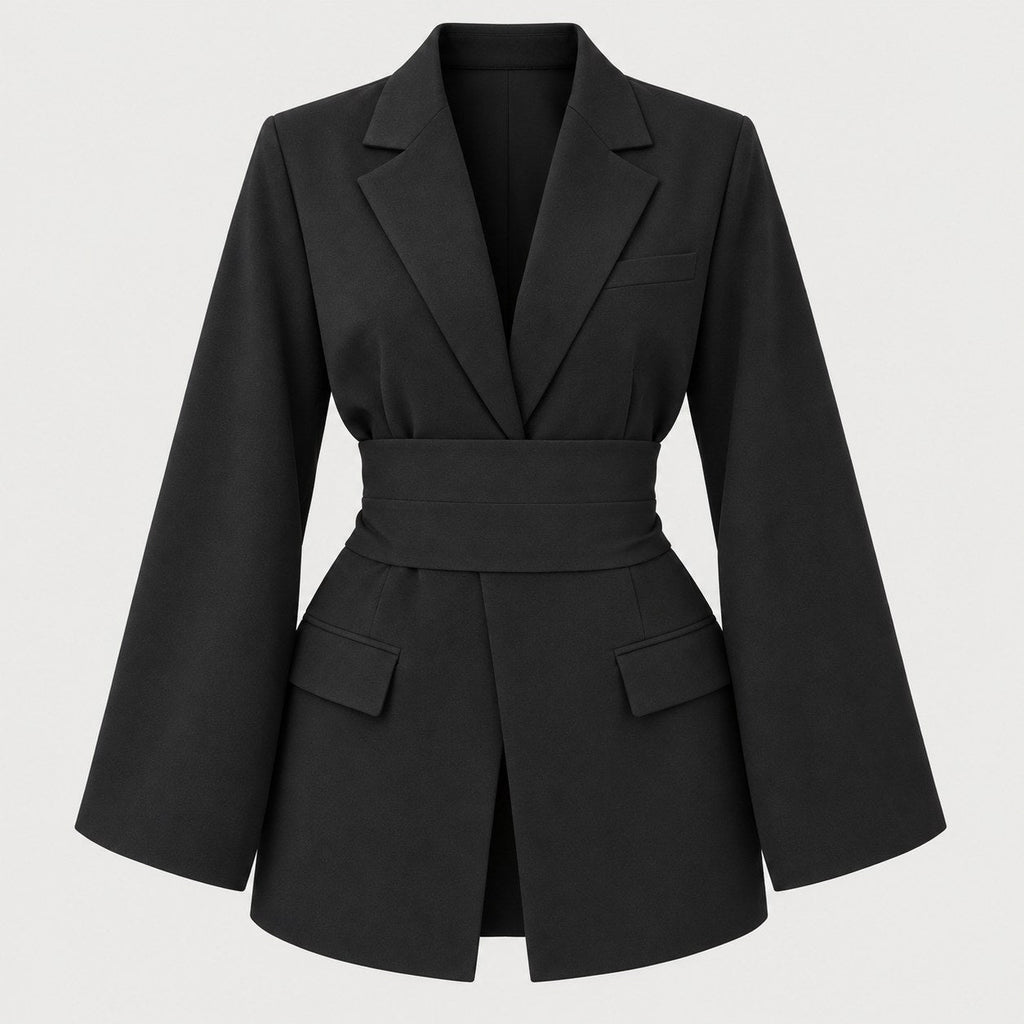 Women's tie-belt blazer in Black | Downderry – front view