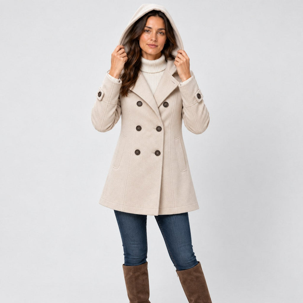 Women's hooded pea coat in Cream | Aldwincle – front view