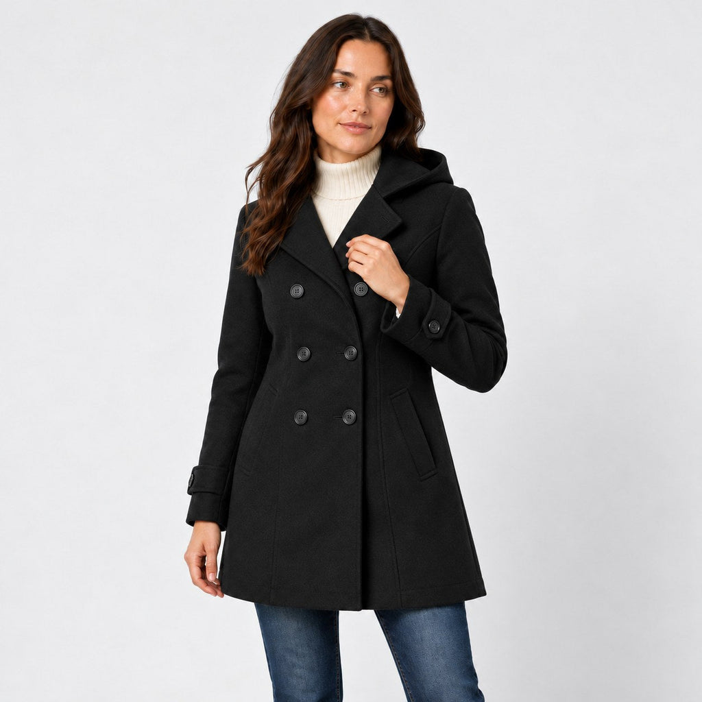 Women's hooded pea coat in Black | Aldwincle – side view