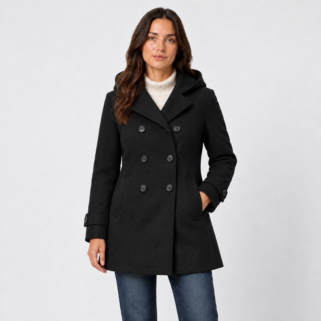 Women's hooded pea coat in Black | Aldwincle – front view