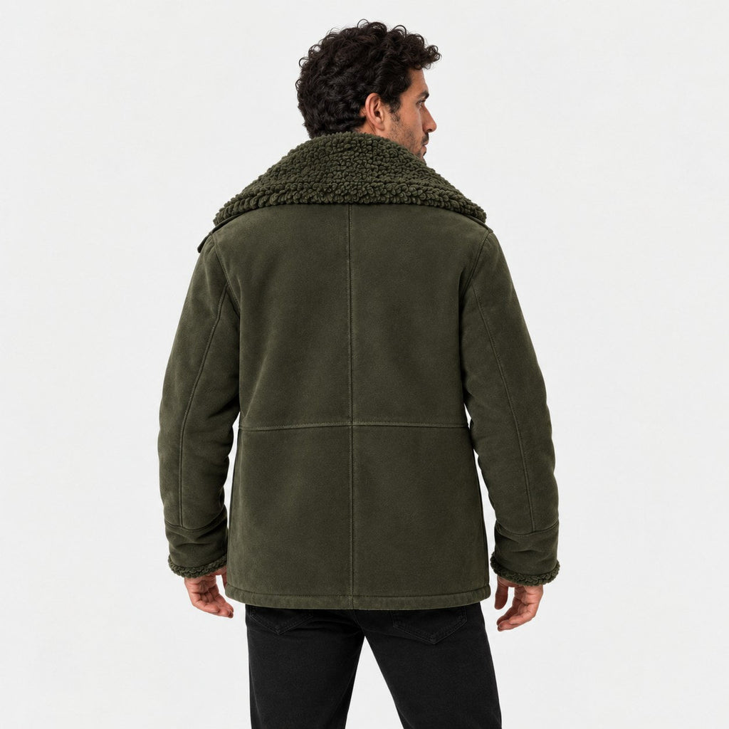 Men's suede-look teddy collar jacket in Olive | Wetheral – back view