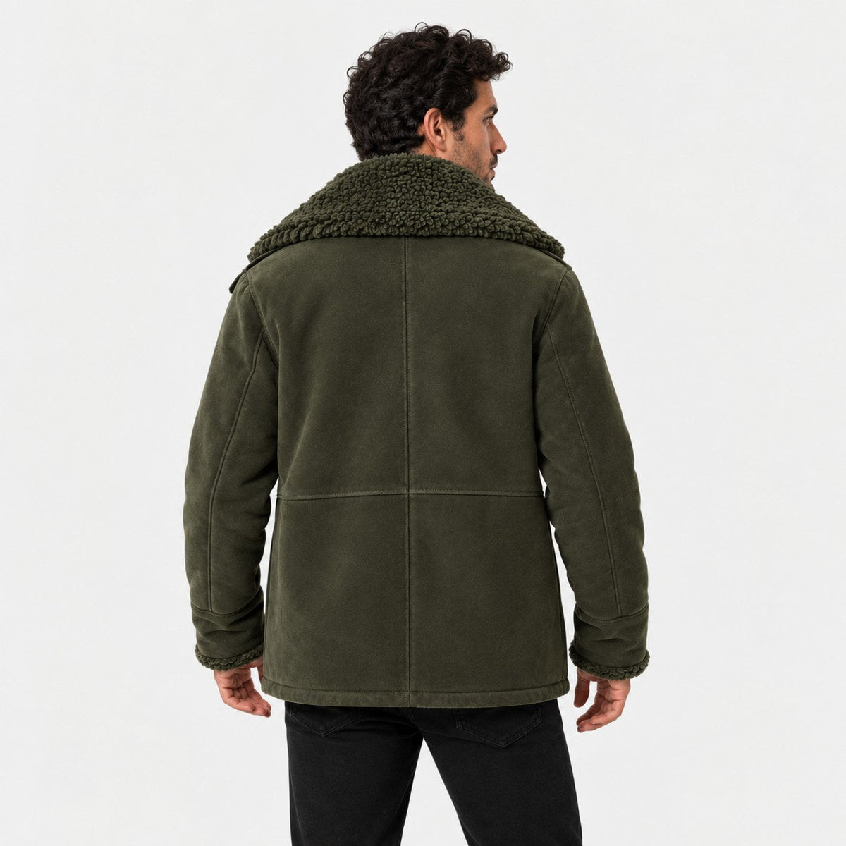 Men's suede-look teddy collar jacket in Olive | Wetheral – back view
