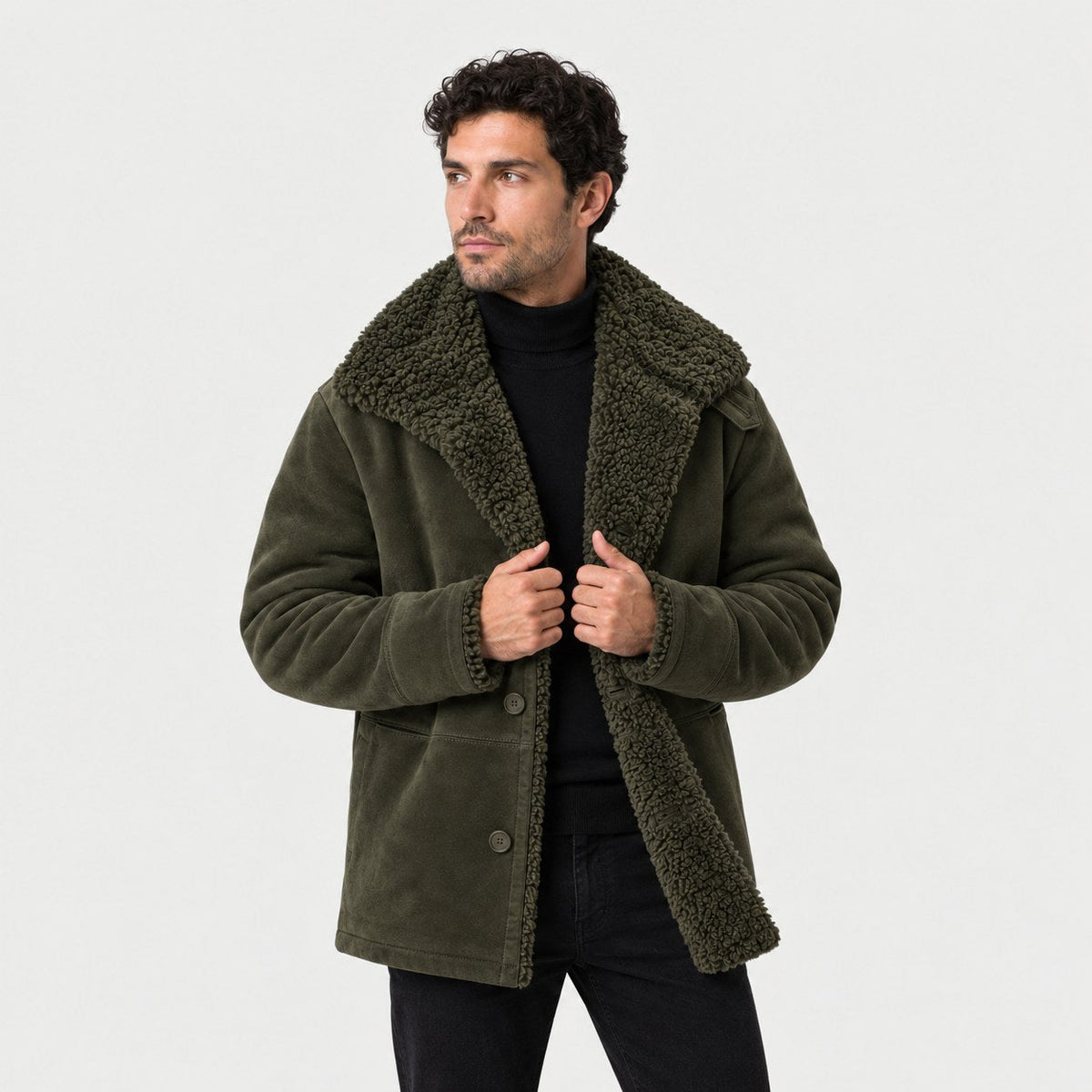 Men's suede-look teddy collar jacket in Olive | Wetheral – front view