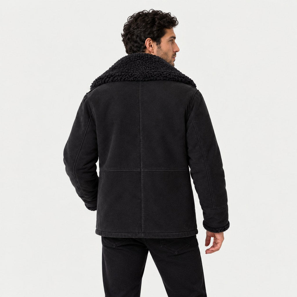 Men's suede-look teddy collar jacket in Black | Wetheral – back view