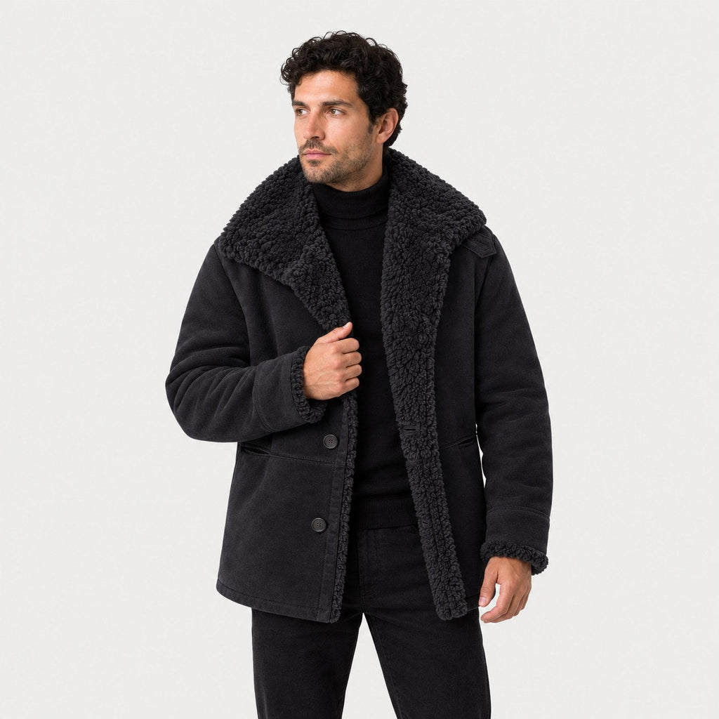 Men's suede-look teddy collar jacket in Black | Wetheral – front view