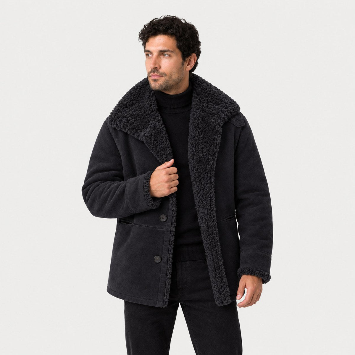 Men's suede-look teddy collar jacket in Black | Wetheral – front view