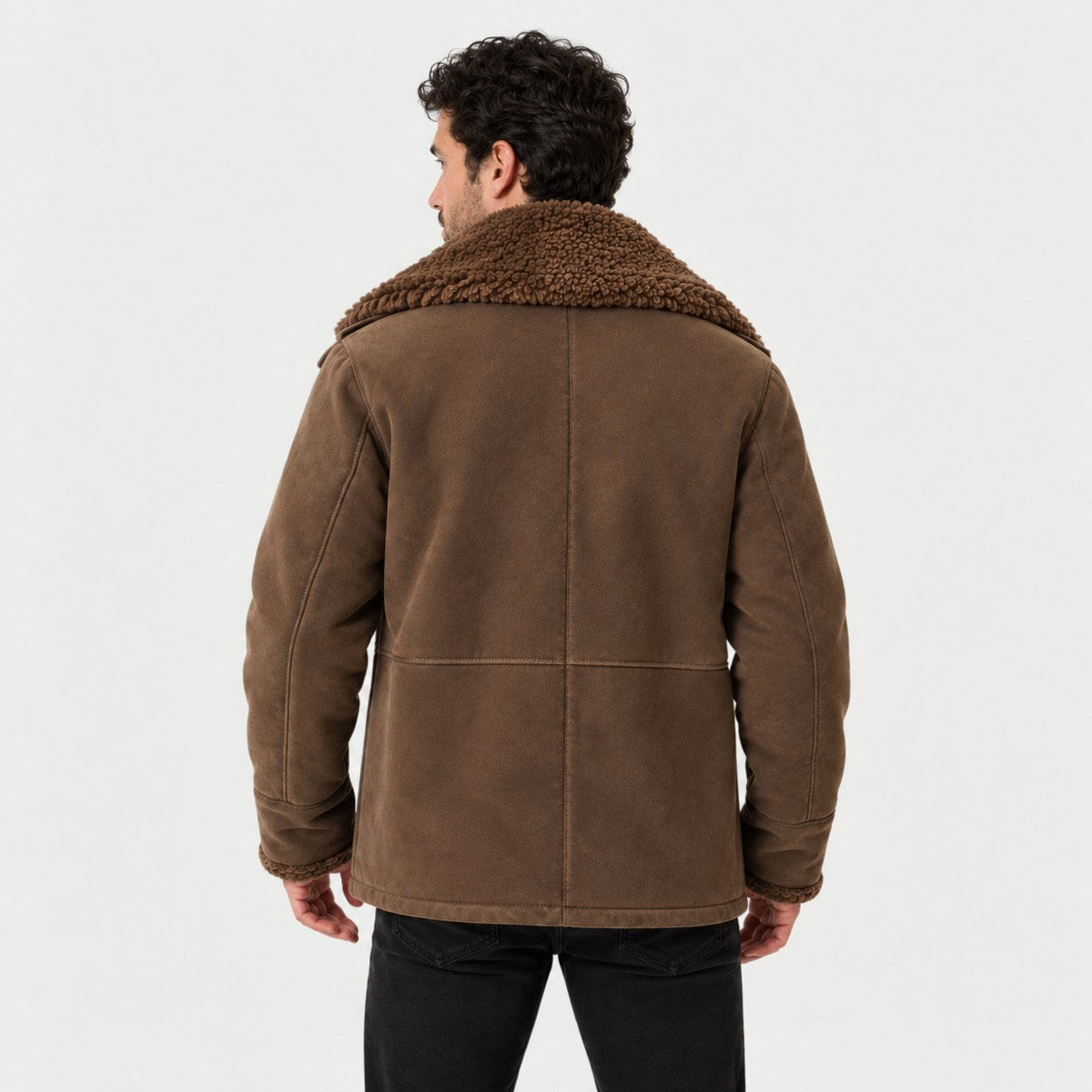 Men's suede-look teddy collar jacket in Brown | Wetheral – back view