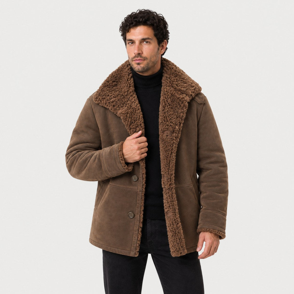 Men's suede-look teddy collar jacket in Brown | Wetheral – front view