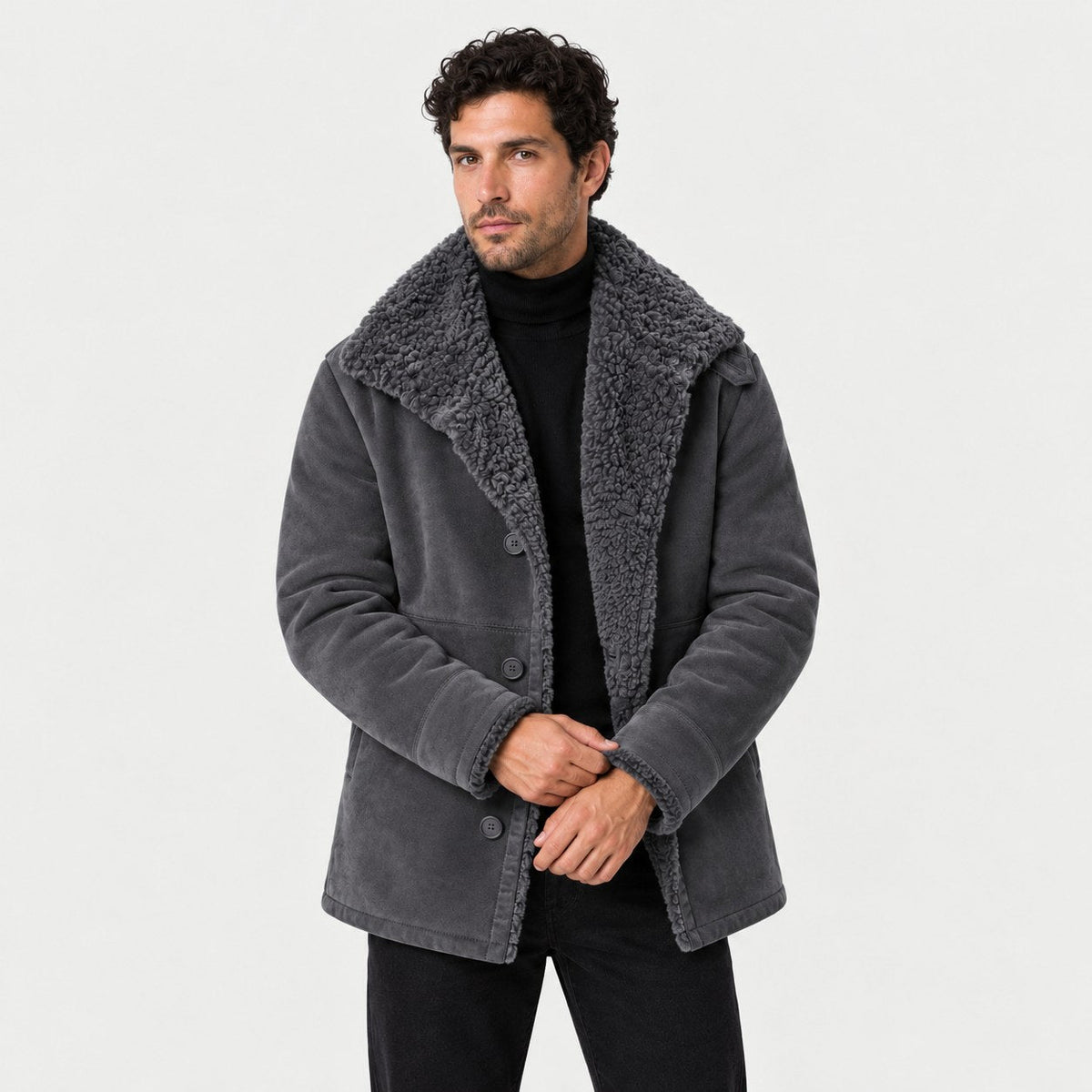 Men's suede-look teddy collar jacket in Grey | Wetheral – front view