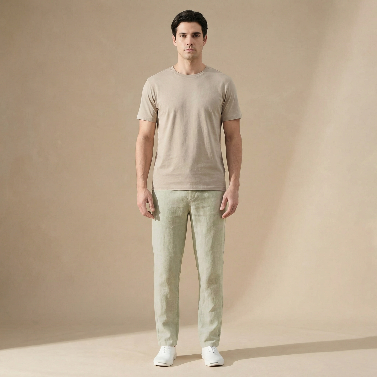 Men's straight-leg linen-look elastic waist trousers