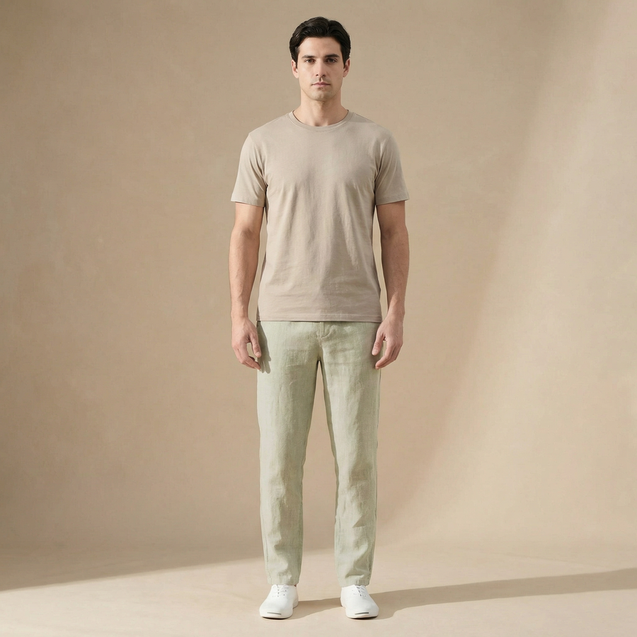 Men's straight-leg linen-look elastic waist trousers