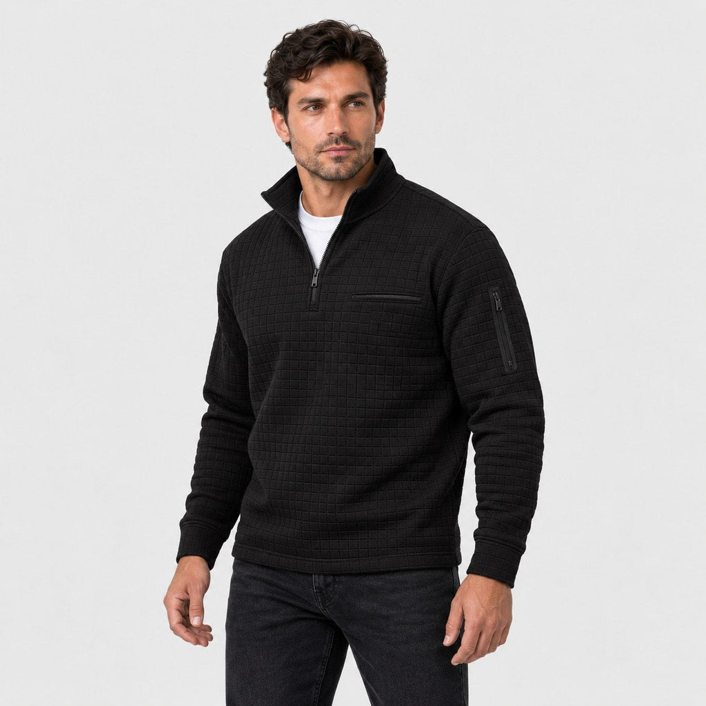 Men's waffle quarter-zip pullover in Black | Ravenstonedale – side view