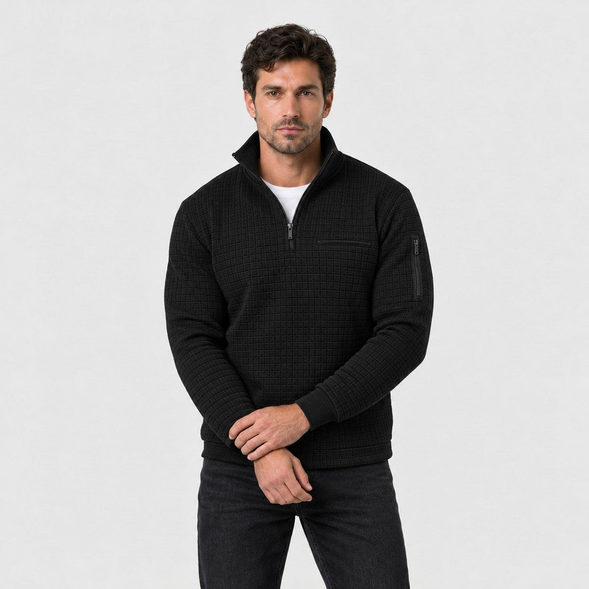 Men's waffle quarter-zip pullover in Black | Ravenstonedale – front view
