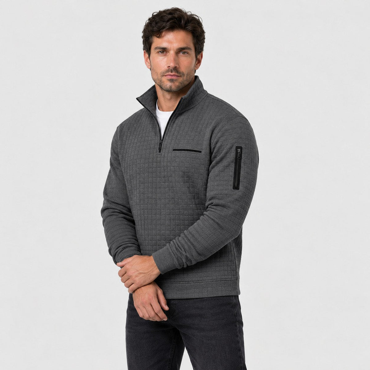 Men's waffle quarter-zip pullover in Dark Grey | Ravenstonedale – side view