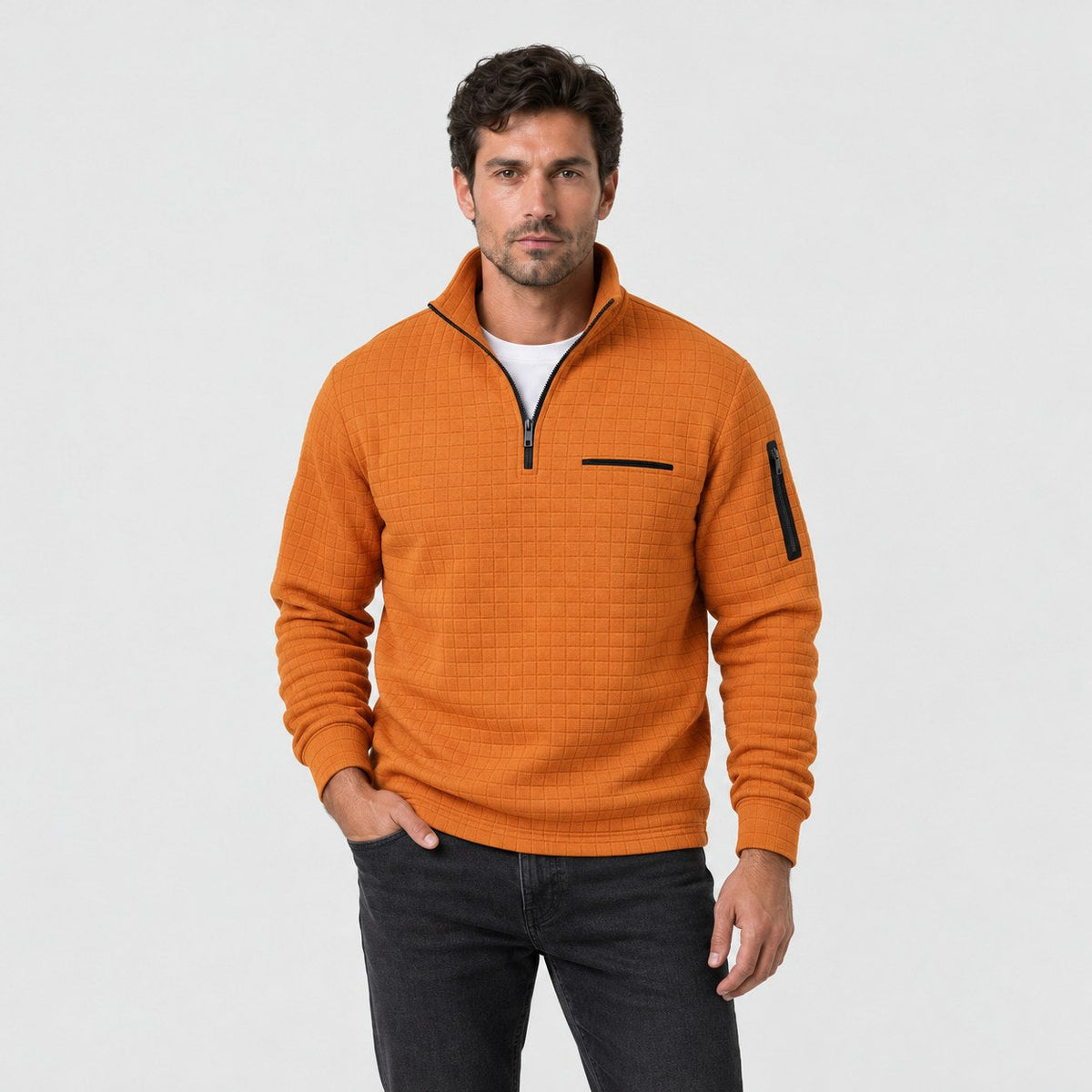 Men's waffle quarter-zip pullover in Orange | Ravenstonedale – front view