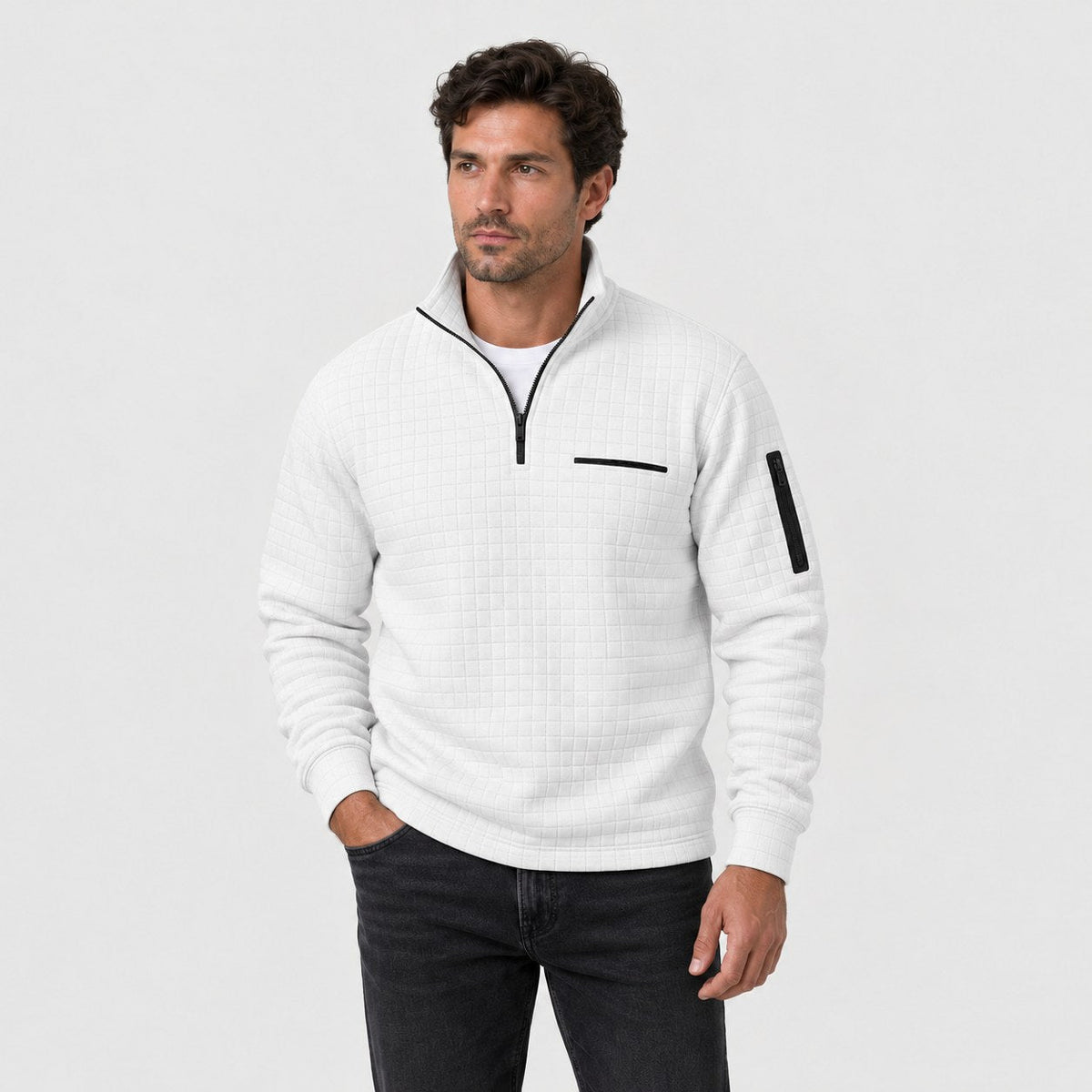 Men's waffle quarter-zip pullover in White | Ravenstonedale – front view