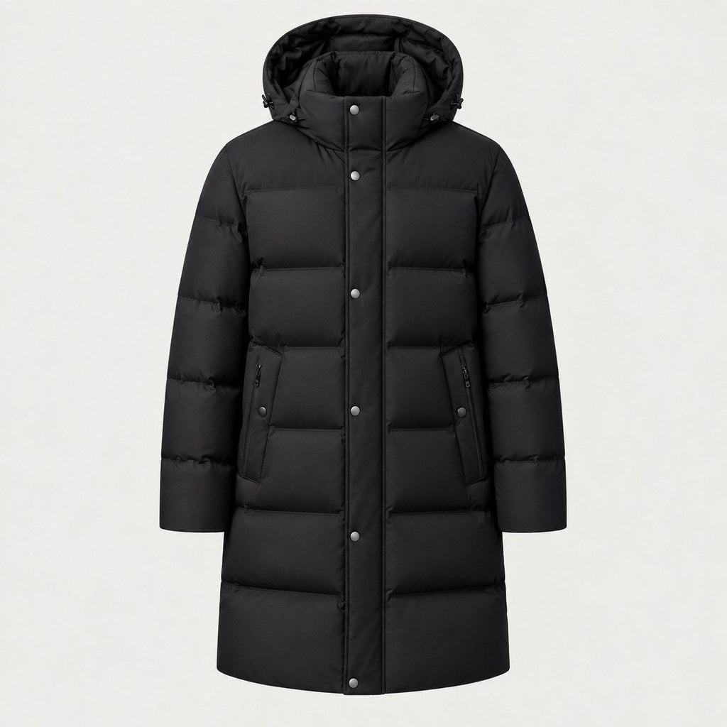Men's longline hooded puffer coat in Black | Rhossili – front view