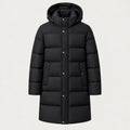 Men's longline hooded puffer coat in Black | Rhossili – front view