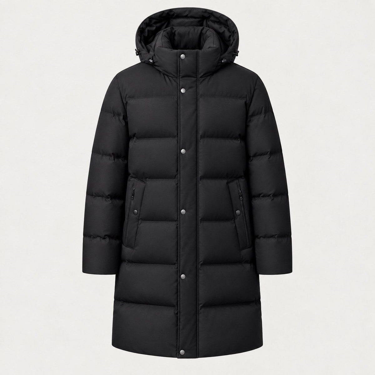 Men's longline hooded puffer coat in Black | Rhossili – front view