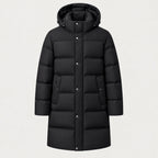 Men's longline hooded puffer coat in Black | Rhossili – front view