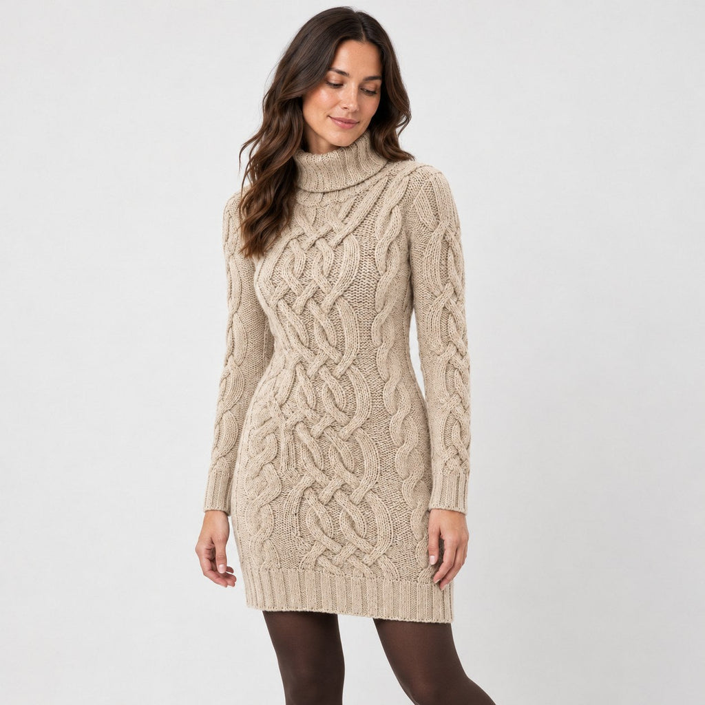 Women's cable knit mini dress in Beige | Badby – side view