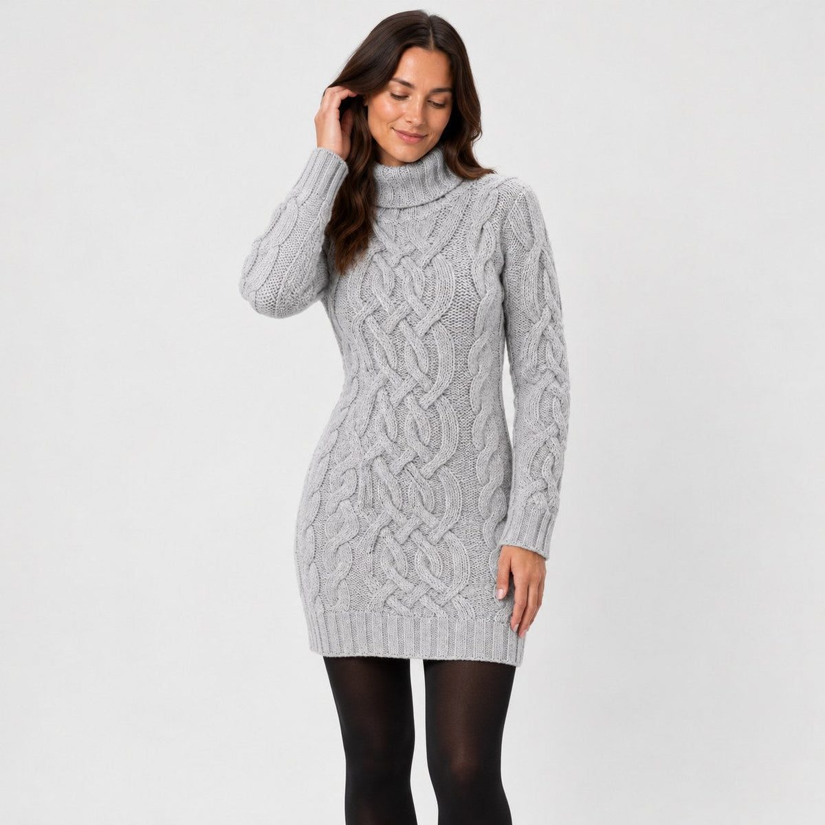 Women's cable knit mini dress in Light Grey | Badby – front view