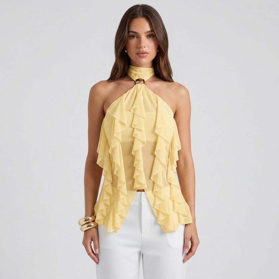 Women's sheer ruffle high-neck halter top