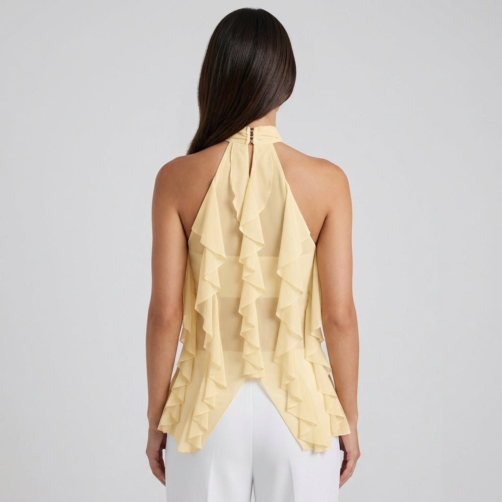 Women's sheer ruffle high-neck halter top