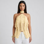 Women's sheer ruffle high-neck halter top