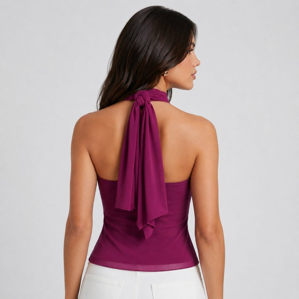 Women's sheer ruffle high-neck halter top