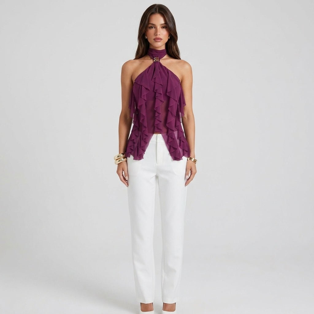 Women's sheer ruffle high-neck halter top