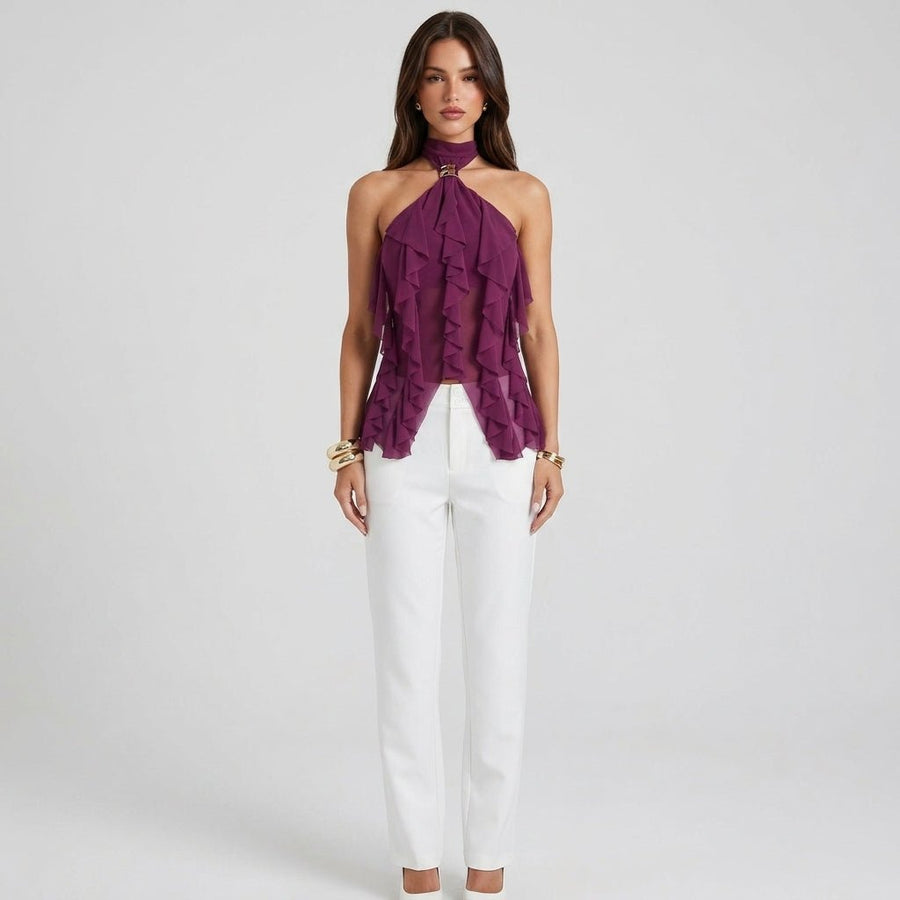 Women's sheer ruffle high-neck halter top