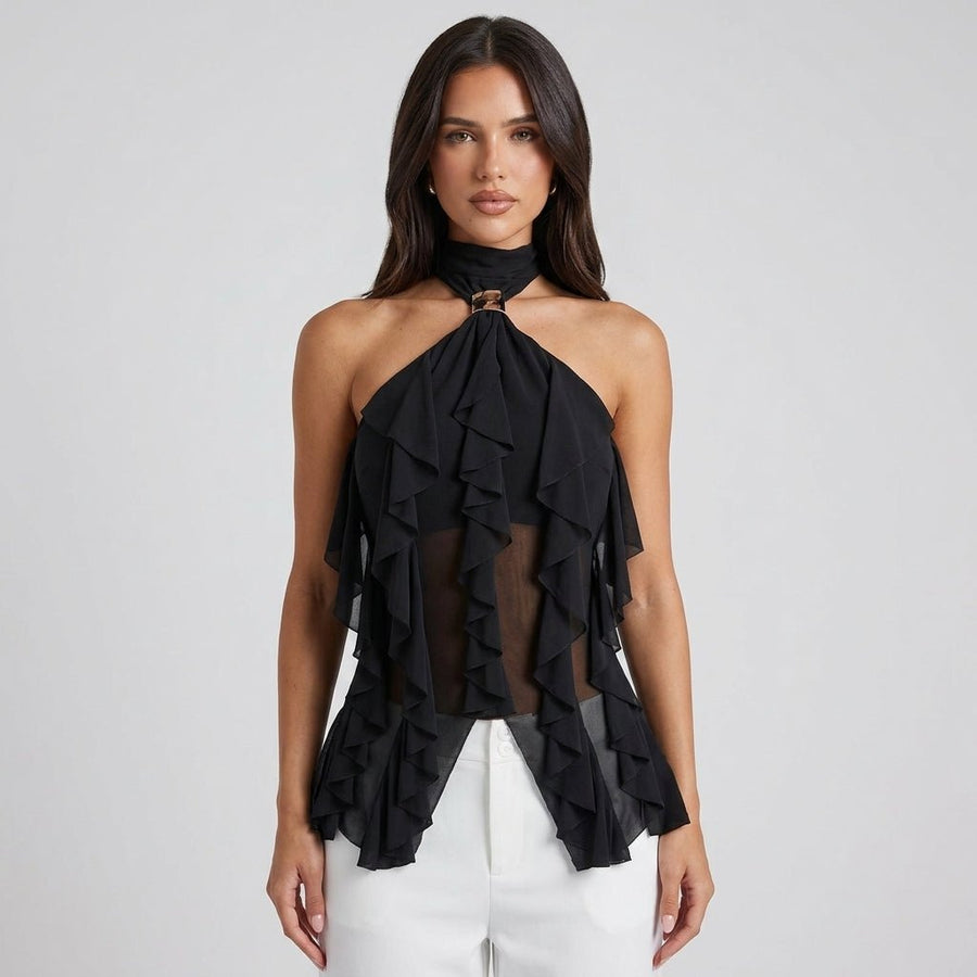Women's sheer ruffle high-neck halter top