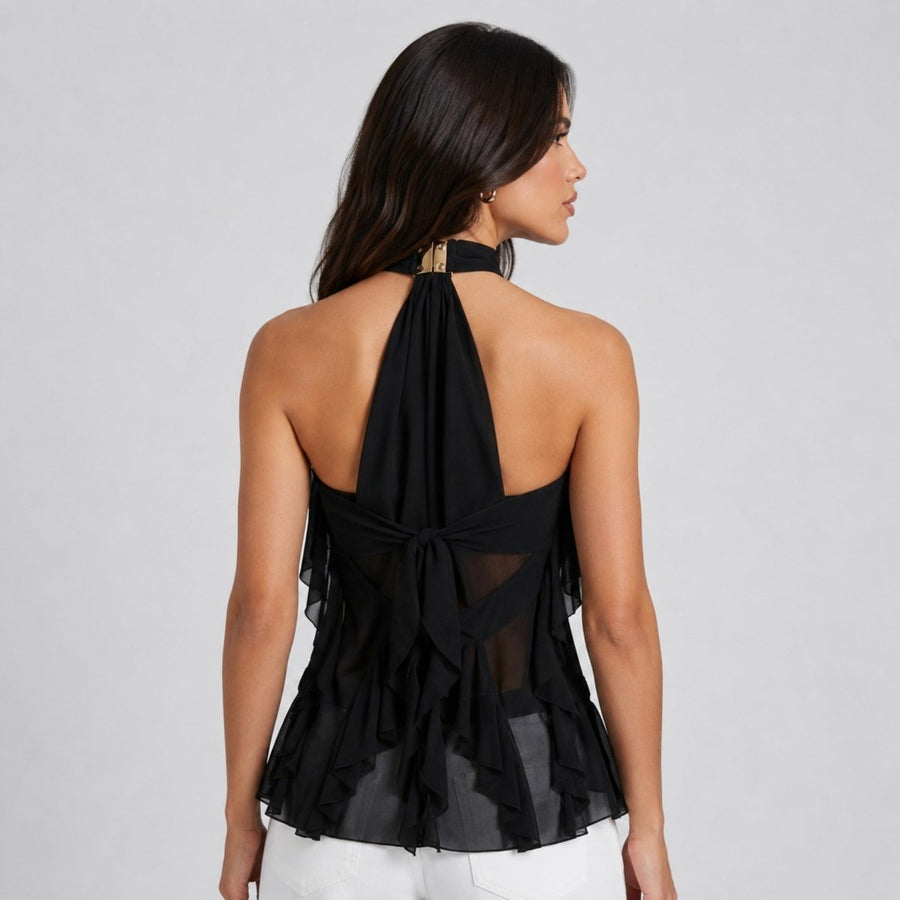 Women's sheer ruffle high-neck halter top
