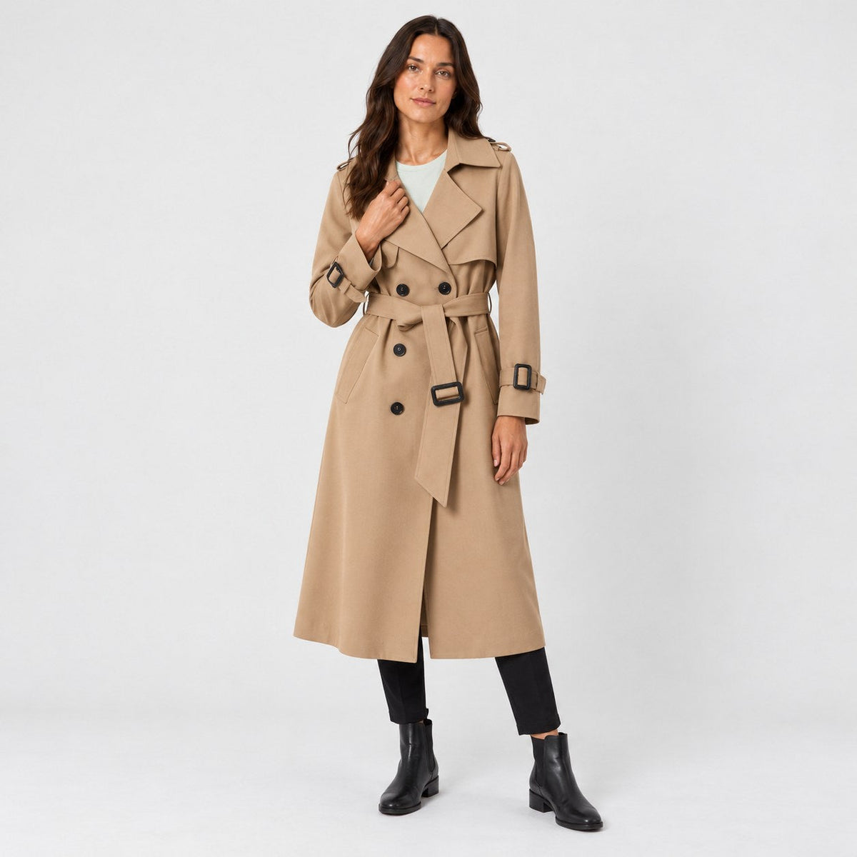 Women's mid-calf trench coat in Camel | Eskdale – front view
