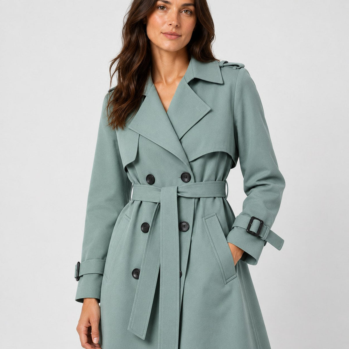 Women's mid-calf trench coat in Sage Green | Eskdale – detail view