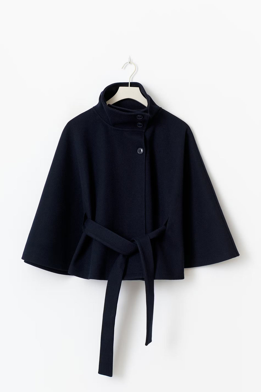 Women's belted cape coat with buttoned high collar