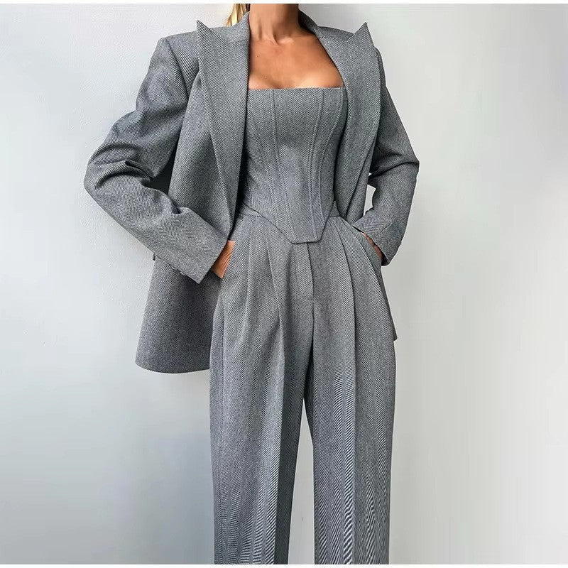 Women's corset top, blazer and wide-leg trouser suit set