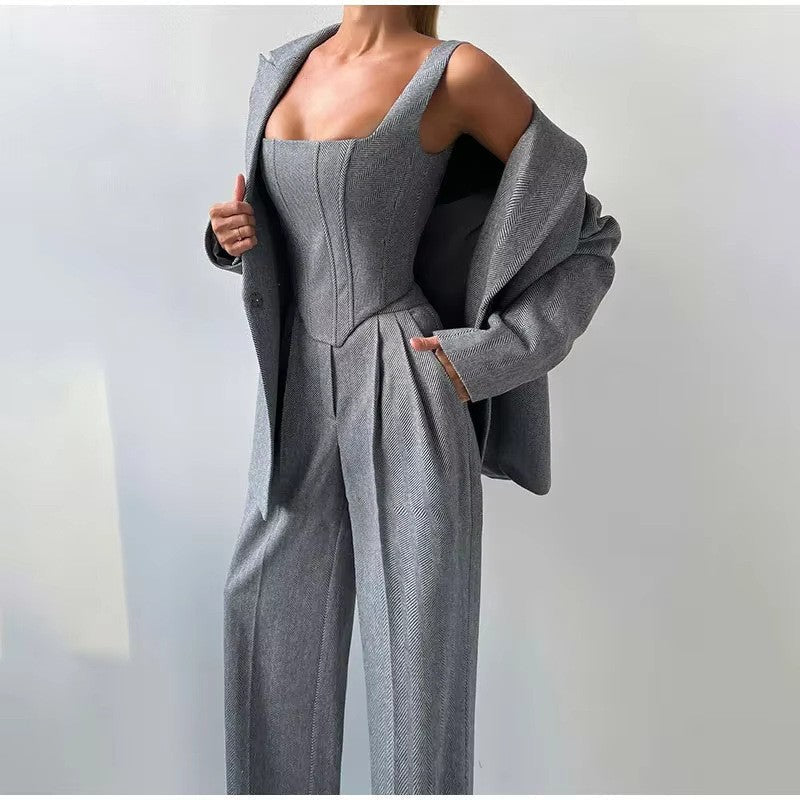 Women's corset top, blazer and wide-leg trouser suit set