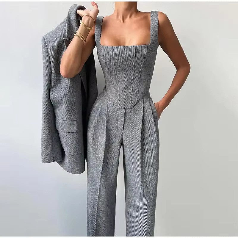 Women's corset top, blazer and wide-leg trouser suit set