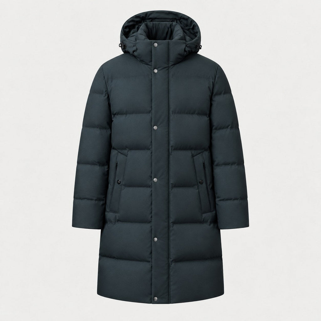 Men's longline hooded puffer coat in Dark Green | Rhossili – front view