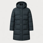 Men's longline hooded puffer coat in Dark Green | Rhossili – front view