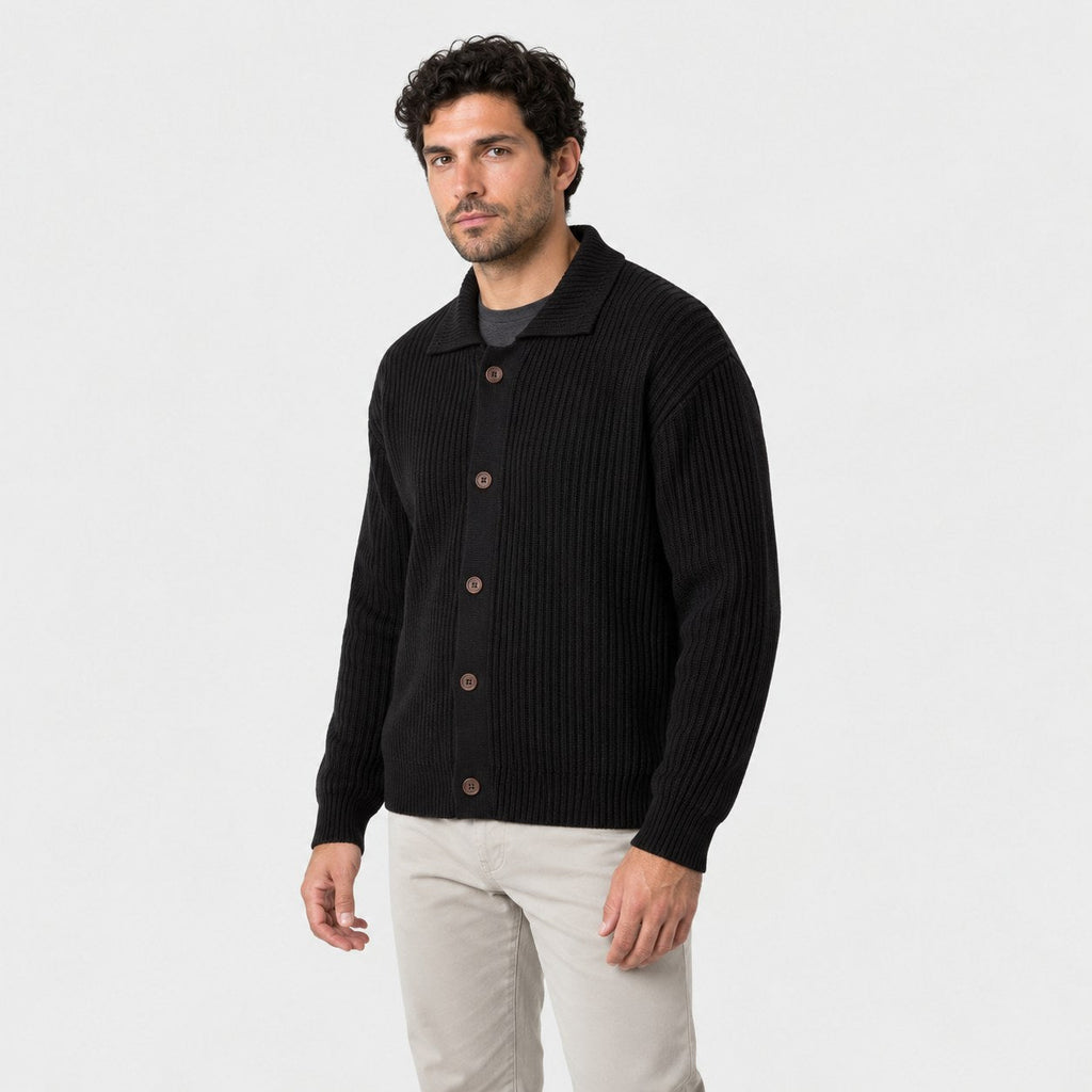 Men's rib knit cardigan in Black | Tealby – side view