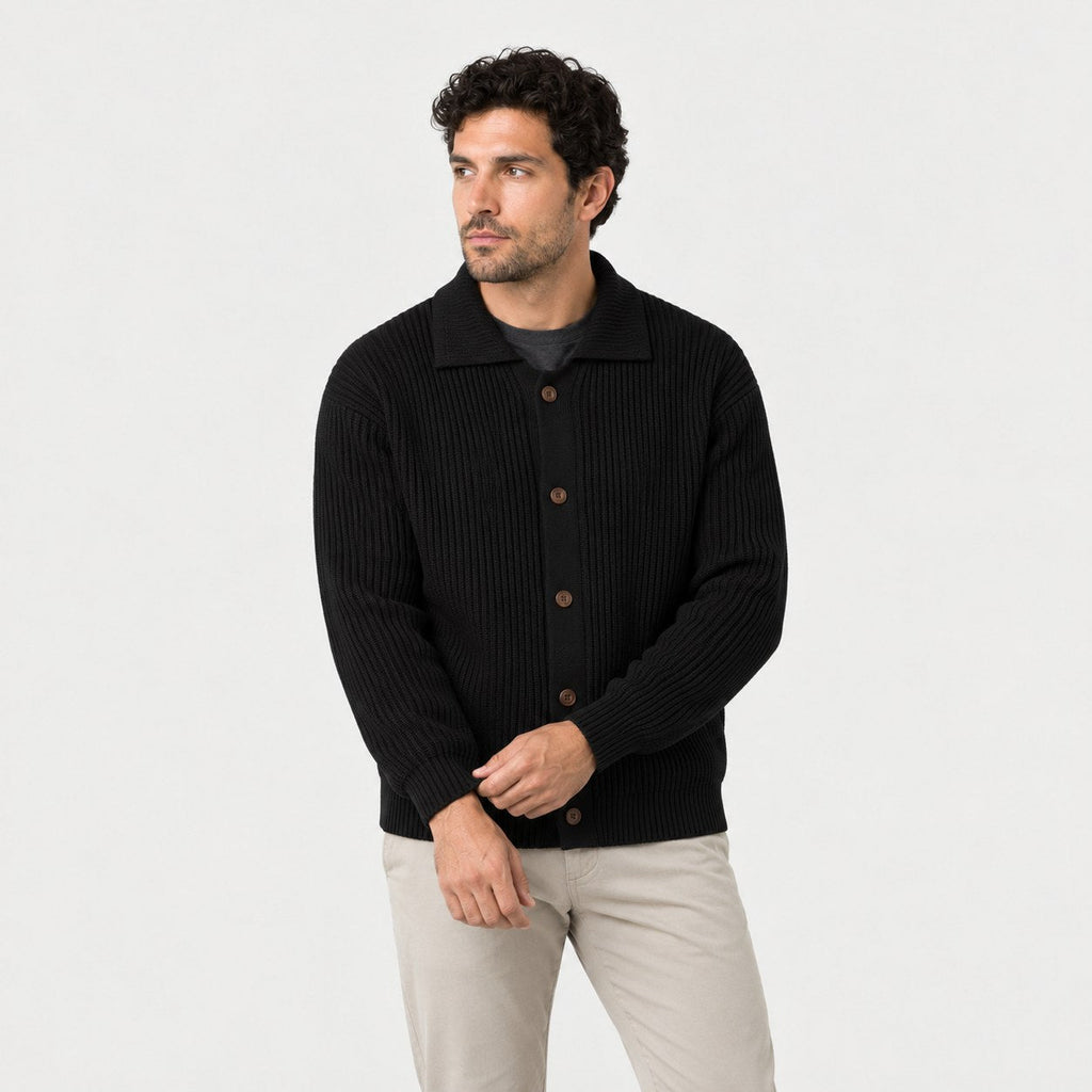Men's rib knit cardigan in Black | Tealby – front view