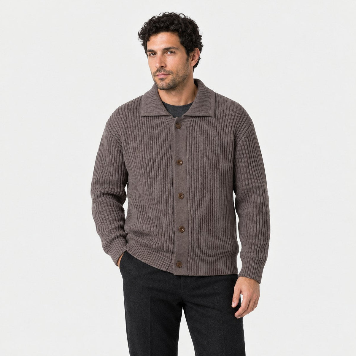 Men's rib knit cardigan in Brown | Tealby – front view