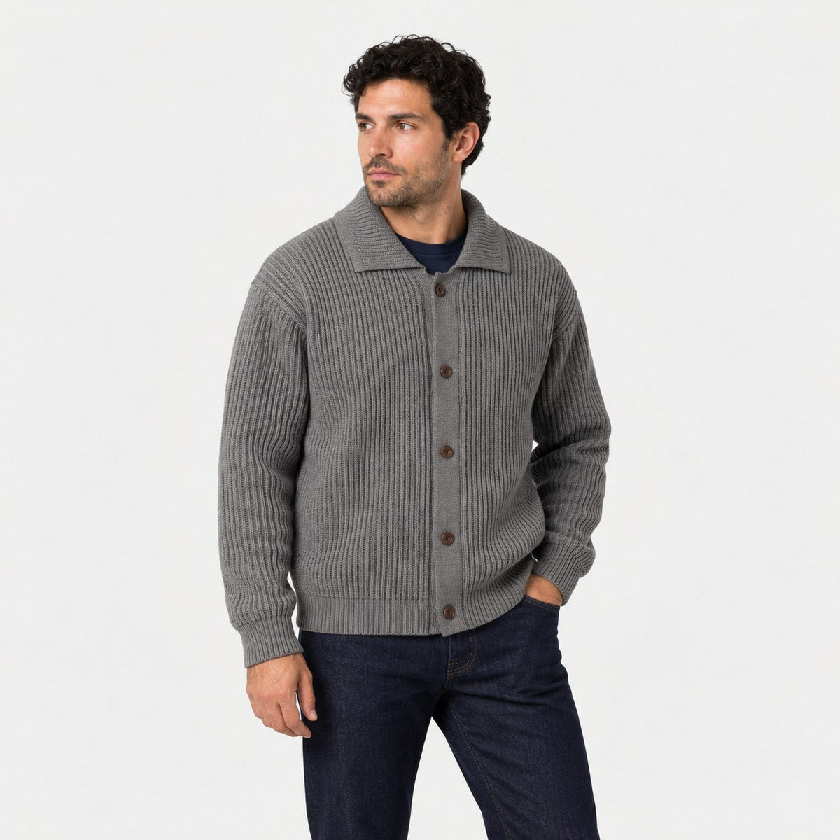 Men's rib knit cardigan in Grey | Tealby – side view