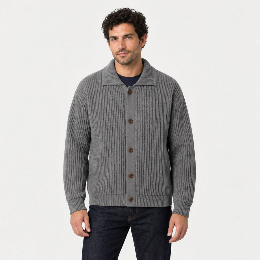 Men's rib knit cardigan in Grey | Tealby – front view