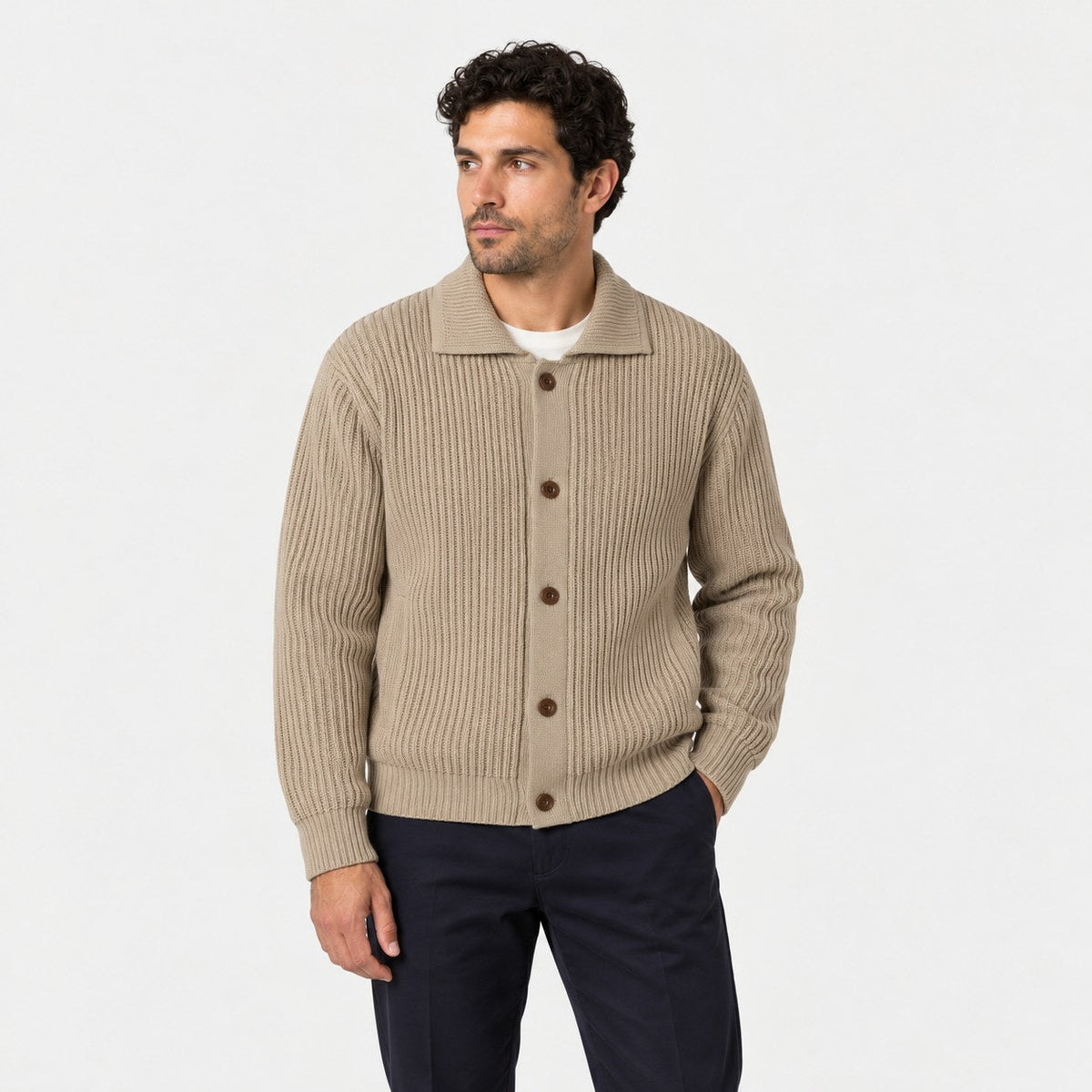 Men's rib knit cardigan in Beige | Tealby – front view