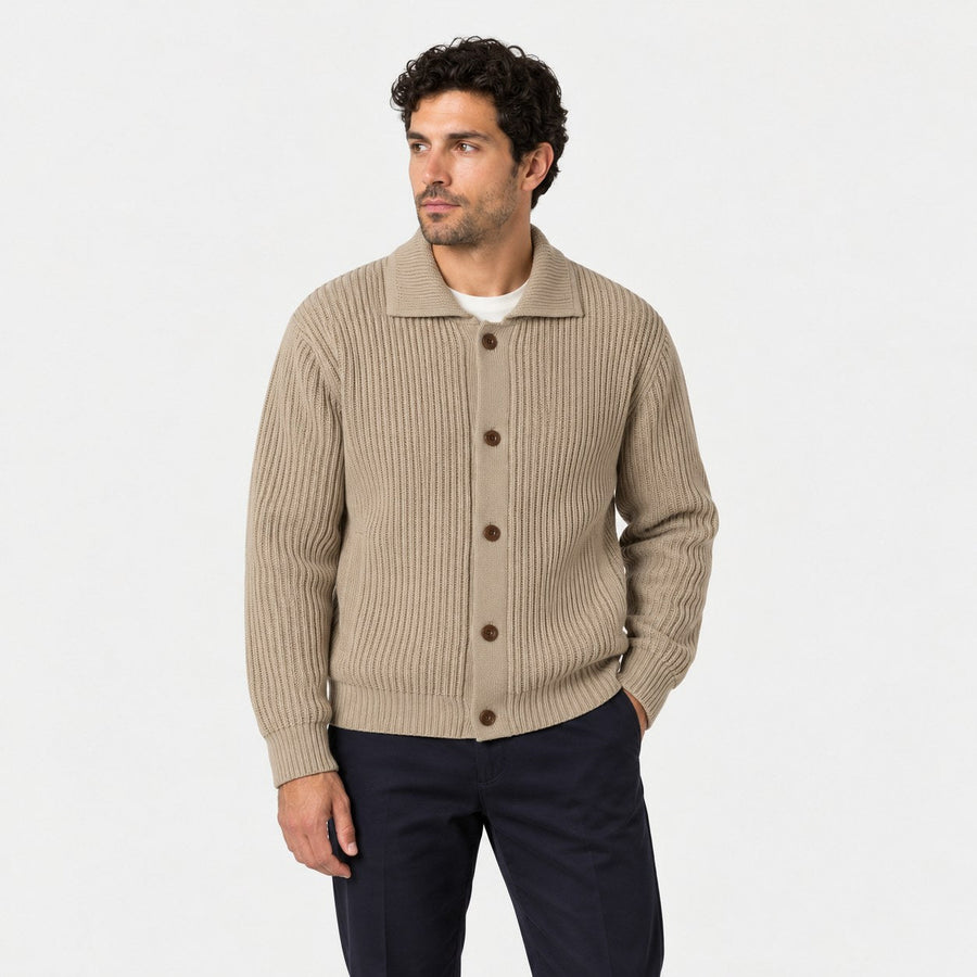 Men's rib knit cardigan in Beige | Tealby – front view